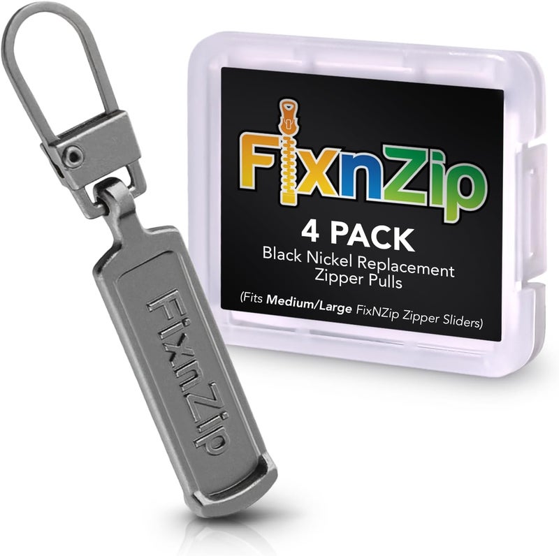 FixnZip Medium to Large Black Nickel Zipper Pull Replacements (4-Pack) | Universal Clip-On Pull Tabs for Zipper Repair, Sliders & Luggage, Jackets, Backpacks, Tents, Sleeping Bags & Outdoor Gear - Image 1